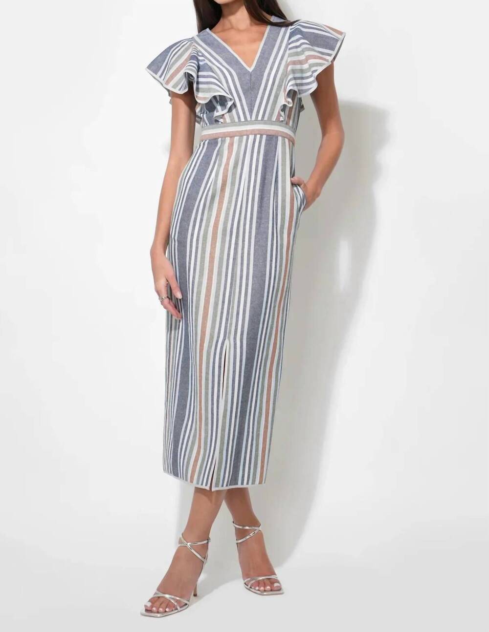 NEW ADELYN RAE etta flutter sleeve maxi dress in blue stripe